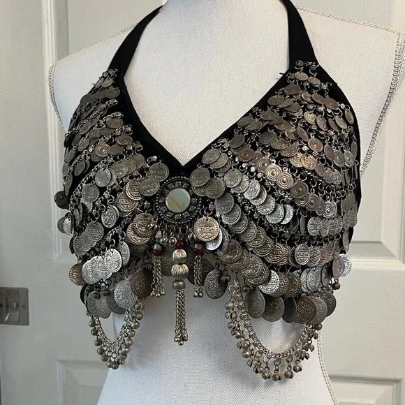 Black Halter Top with Silver Coin Embellishments Tribal Bellydance Large - Picture 7 of 13